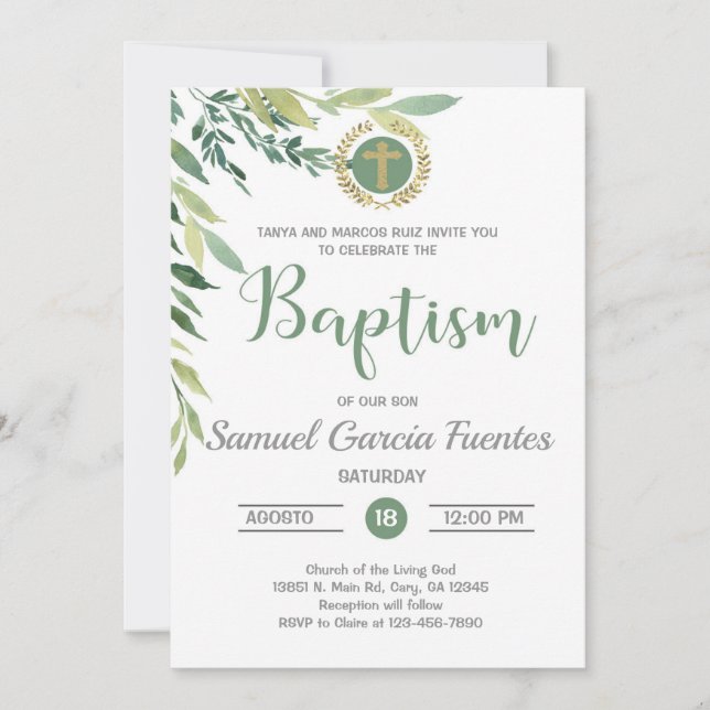 Olive grenar och löv Baptism inbjudan. Inbjudningar (Framsida)