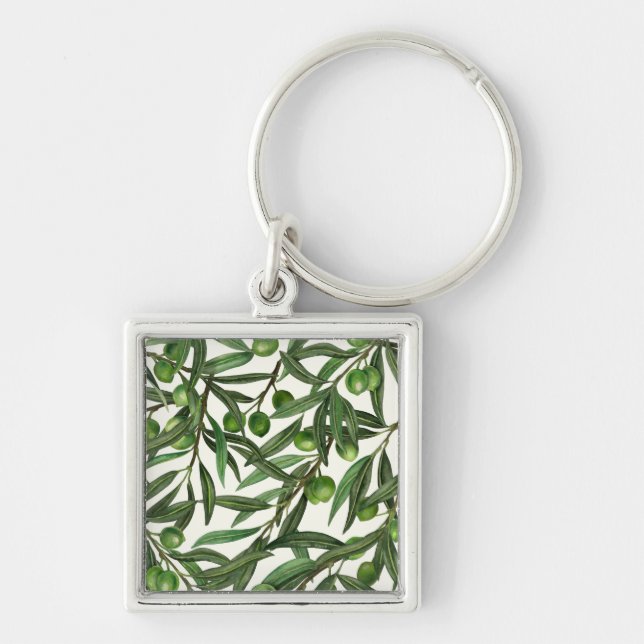 Olive grenar på benvit fyrkantig silverfärgad nyckelring (Framsidan)
