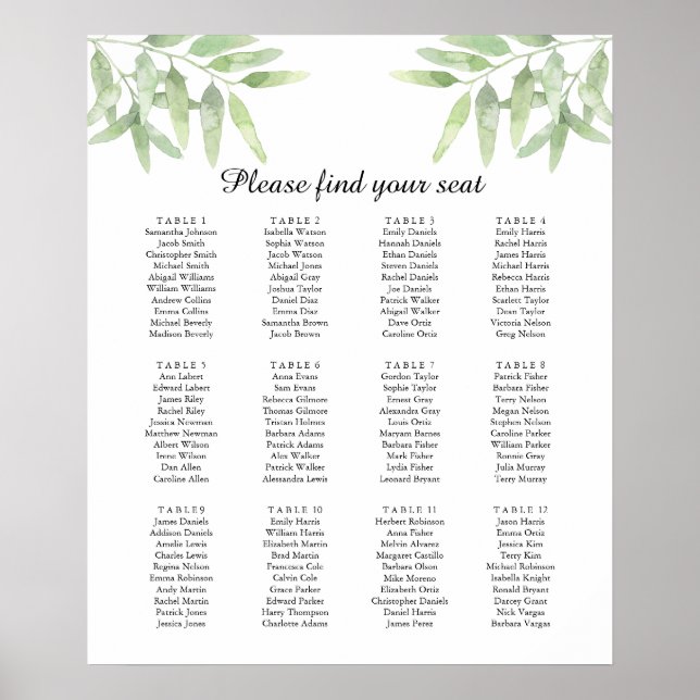 Olive Grenar. Poster av sittplatsplan för bröllop (Framsidan)
