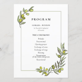 Olive grenar ram dubbla vid sidan av bröllop program