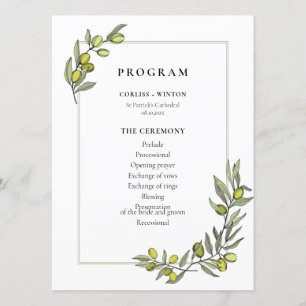Olive grenar ram dubbla vid sidan av bröllop program