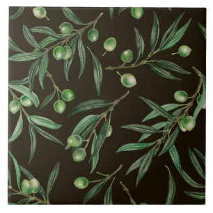 Olive grenar vattencolor on black kakelplatta