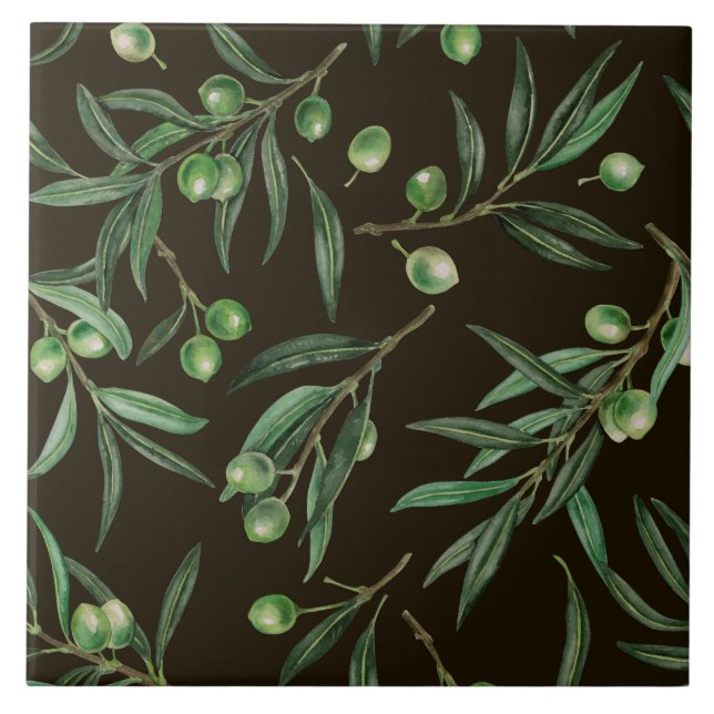 Olive grenar vattencolor on black kakelplatta (Framsidan)