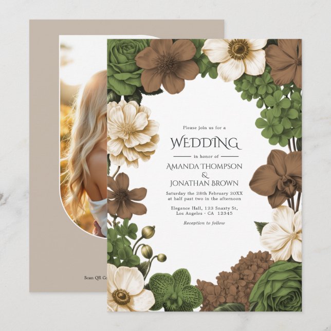 Olive Grove, Figwood Brown & Warm Linen Wedding Inbjudningar (Fram/baksida)