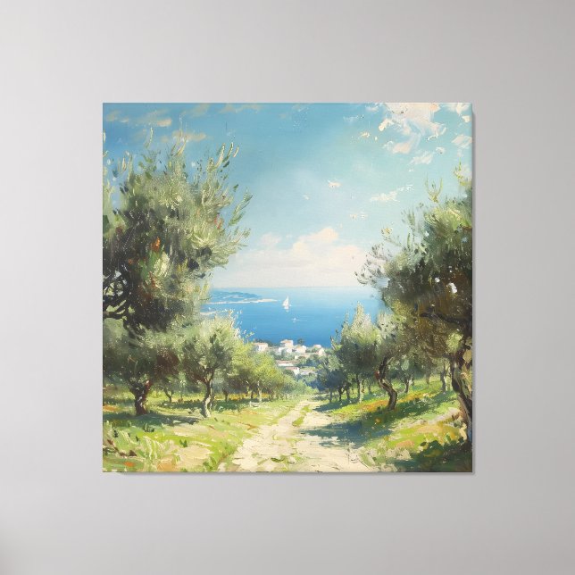 Olive Grove with Coastal Village and Sea Canvastryck (Framsida)