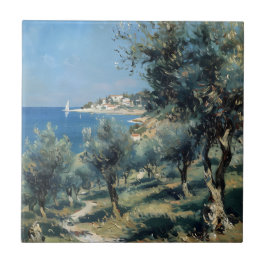 Olive Grove with Coastal Village and Sea Kakelplatta