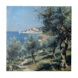 Olive Grove with Coastal Village and Sea Kakelplatta