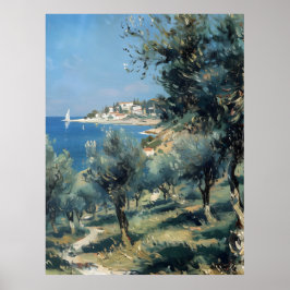 Olive Grove with Coastal Village and Sea Poster