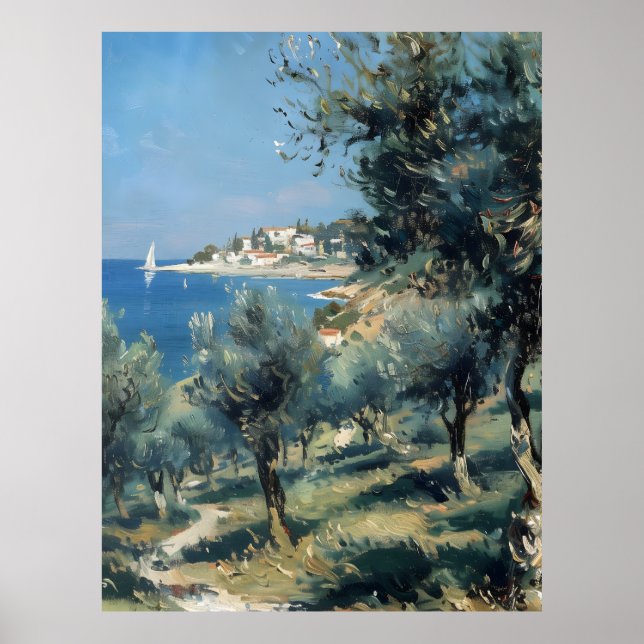 Olive Grove with Coastal Village and Sea Poster (Framsidan)