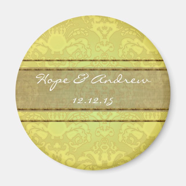 Olive & Guld Damask Wedding Magnet (Framsidan)