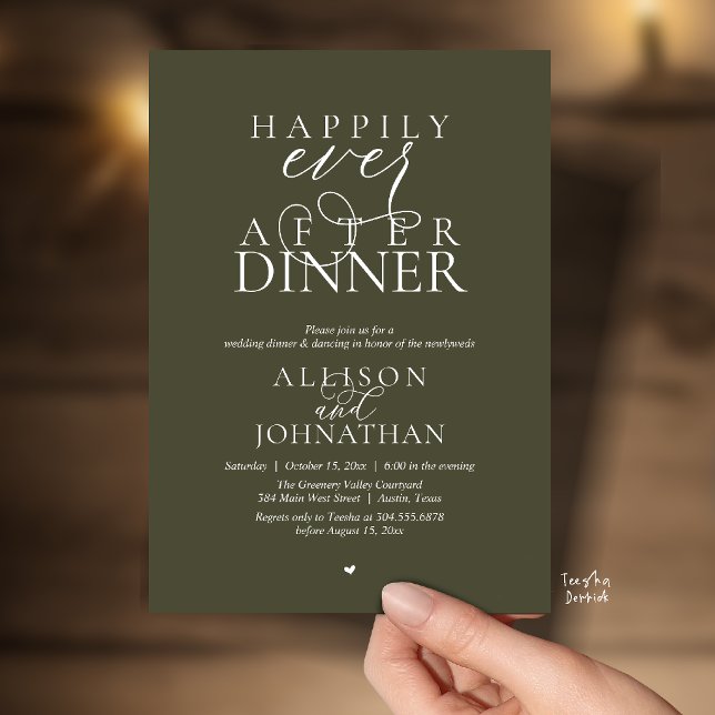 Olive Happily Ever After Dinner Modern Wedding Inbjudningar (Olive Green Happily Ever After Dinner Modern Script Wedding Invitation Card)