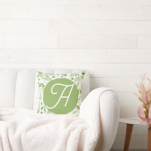 Olive Leaves and Initial Throw Pillow Kudde (Soffa)