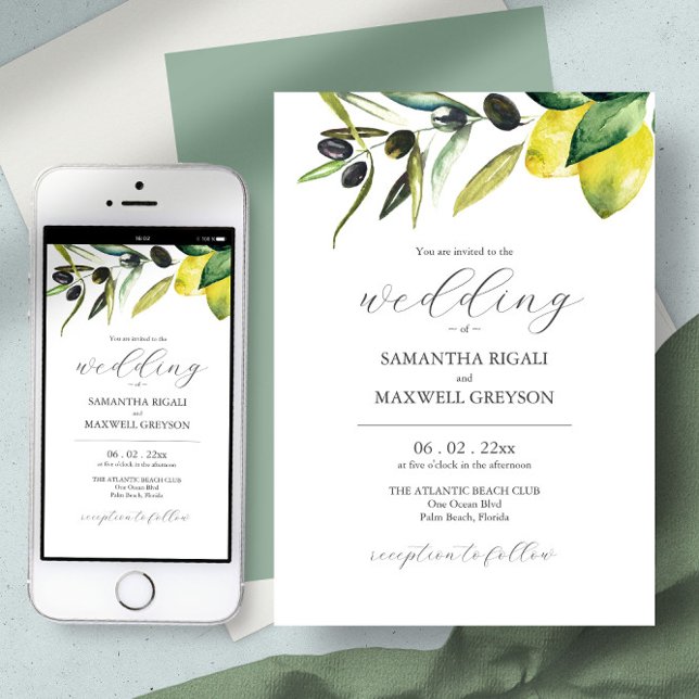 Olive Lemon Bröllop Elegant Watercolor Botanical Inbjudningar (editable wedding invitation cheap card and digital download virtual botanical lemon and olive branch)