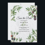 Olive Löv, den grekiska ön Bröllop vid Medelhavet Spara Datumet<br><div class="desc">Ett vackert mönster med löv och oliver av rustik på den vita grekiska ön stil i Medelhavet tvättar vägg. En elegant vintage bröllop sparar perfekten med datumkort för grekiska öar, italienska och stil i Medelhavsområdet. Baksidan av kortet visar ett minimalistiskt monogram. Det finns också möjlighet att matcha bröllopsinbjudningar och andra...</div>