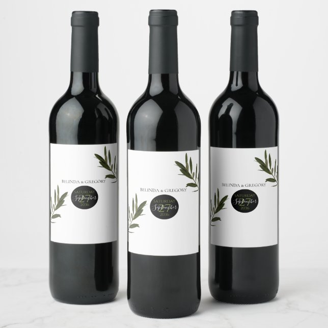 Olive Löv Greenery Bröllop Vinflaska Etikett (Flaskor)