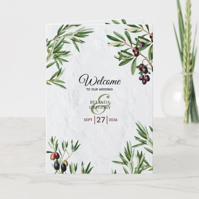 Olive Löv Grekiska ön Bröllop serviceorder Program (Framsida)