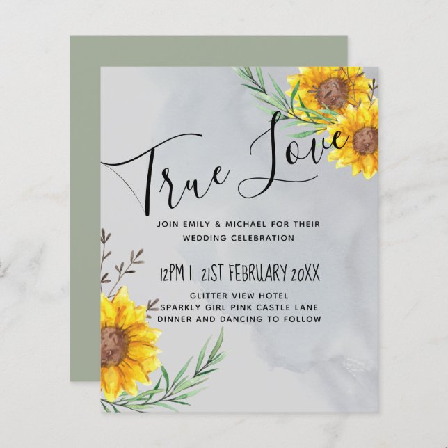 Olive Löv Sunblommor Rustic Bröllop (Fram/baksida)