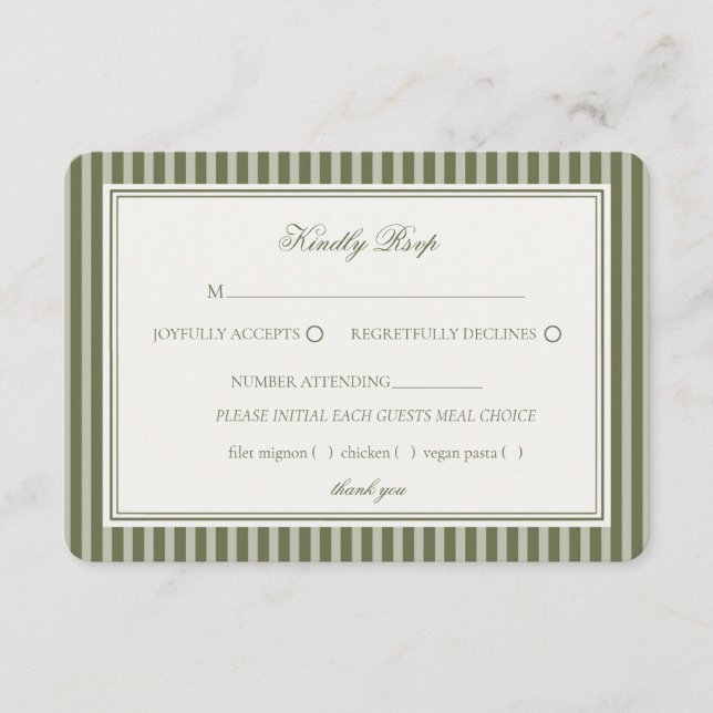 Olive Martini Green Old Money Striped Wedding RSVP Tilläggskort (Framsida)
