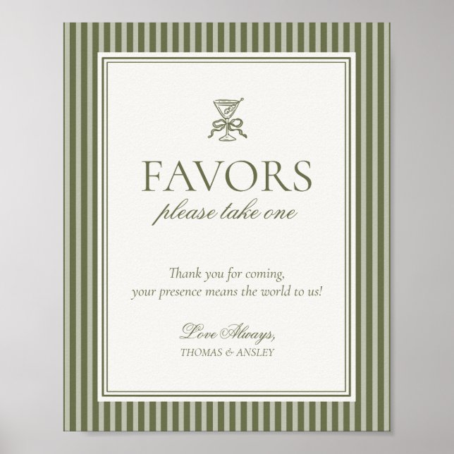 Olive Martini Green Striped Wedding Favors Sign Poster (Framsidan)