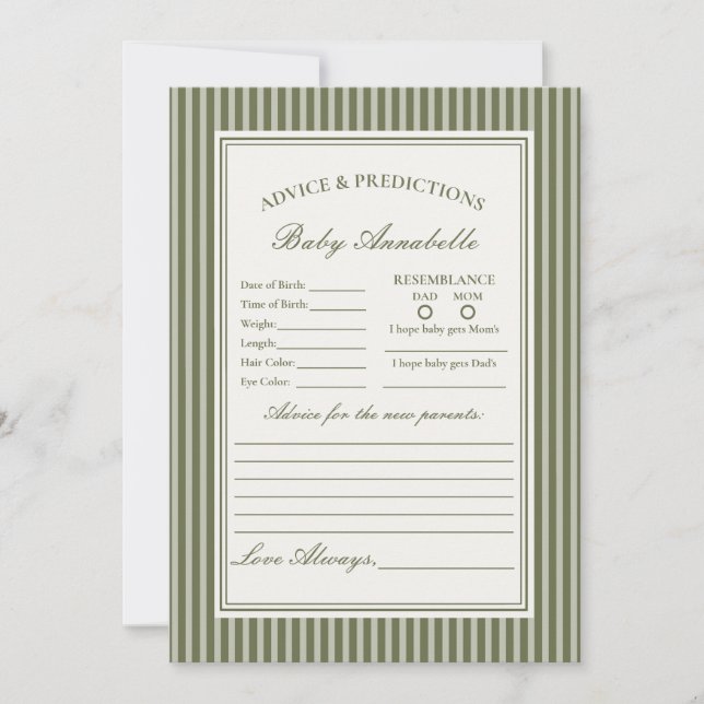 Olive Martini Striped Green Advice for Baby Card Inbjudningar (Framsida)