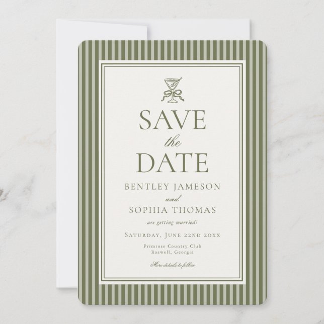 Olive Martini Tini Bit Closer Stripe Save the Date Inbjudningar (Framsida)