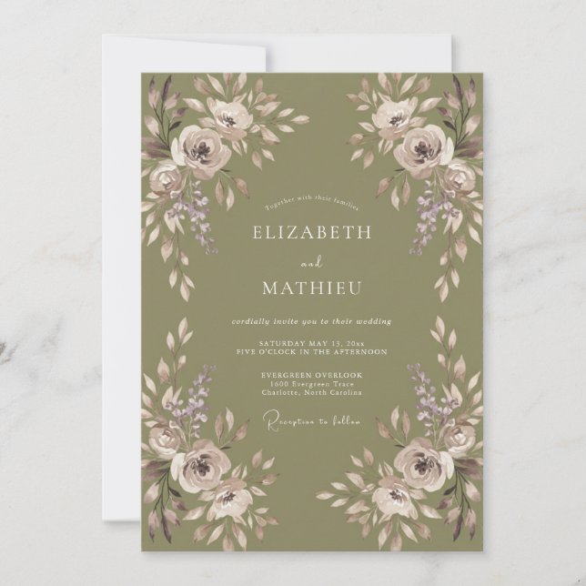 Olive Mauve Petal Bröllop Inbjudningar (Framsida)