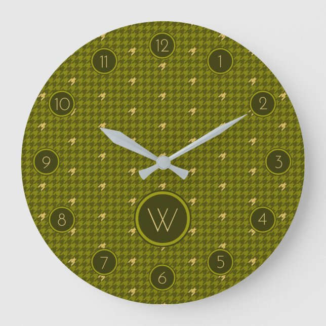 Olive med Guld accent Houndstooth Clock Stor Klocka (Framsida)