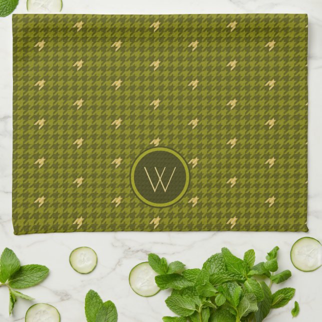 Olive med Guld accent Houndstooth Kitchen Towel Kökshandduk (Vikta)
