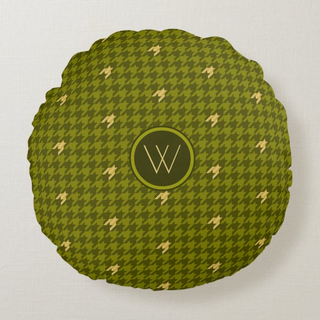 Olive med Guld accent Houndstooth Round Pillow Rund Kudde (Framsidan)