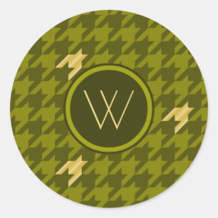 Olive med Guld accent Houndstooth Sticker Runt Klistermärke
