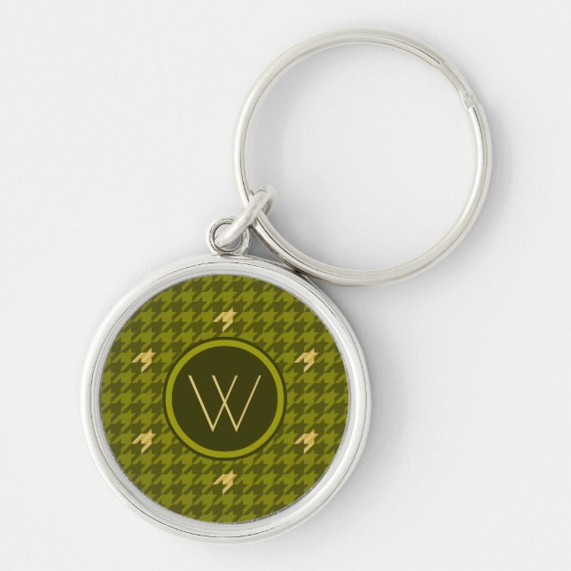 Olive med nyckelkedjan Guld accent Houndstooth Rund Silverfärgad Nyckelring (Framsidan)