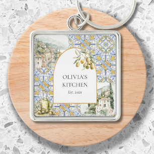 Olive Medelhavet Botanisk Gul Blå Fyrkantig Silverfärgad Nyckelring