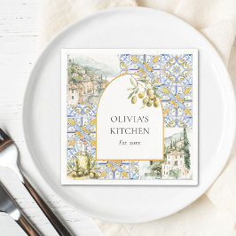 Olive Mediterran Gul Blå Kakelmönster Pappersservett