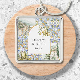 Olive Mediterranean Botanical Gult Blue Fyrkantig Silverfärgad Nyckelring