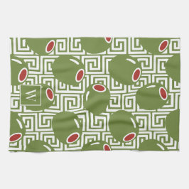 Olive Mediterranean Greek Key  Kökshandduk