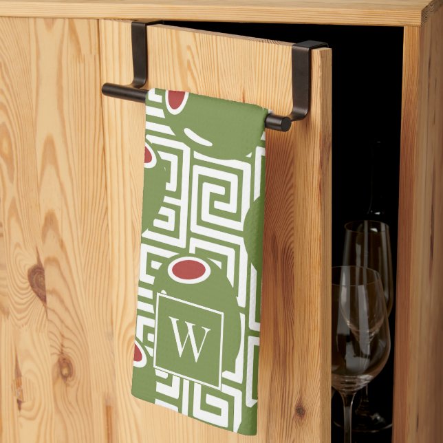 Olive Mediterranean Greek Key  Kökshandduk (Thirds Fold)