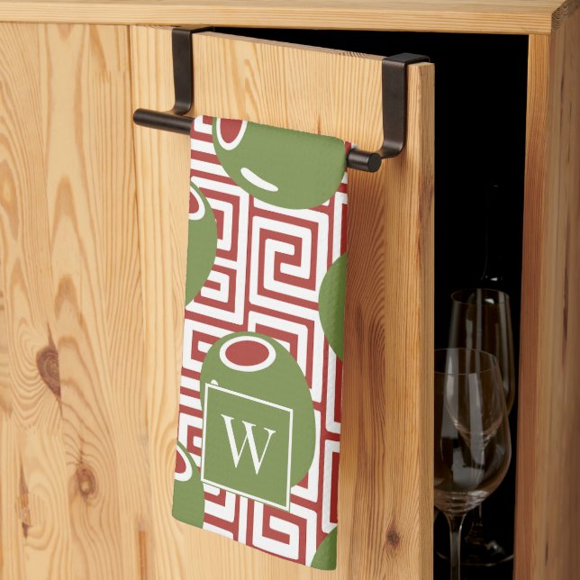 Olive Mediterranean Greek Key  Kökshandduk (Thirds Fold)