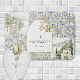 Olive Mediterranean Gult Blue Tile Mönster Badrumsmatta