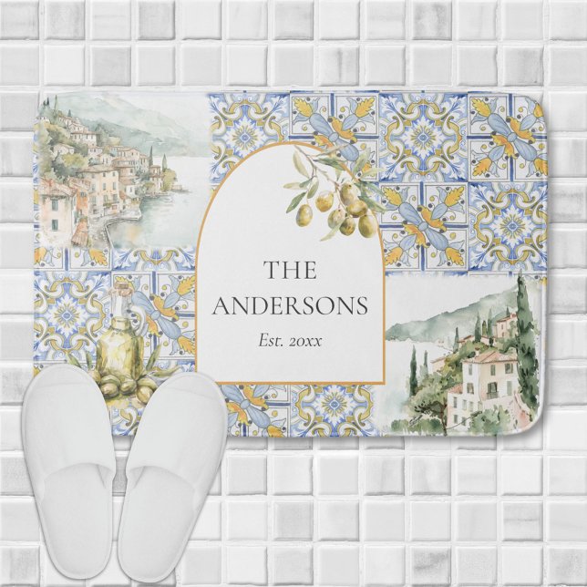 Olive Mediterranean Gult Blue Tile Mönster Badrumsmatta (In situ)