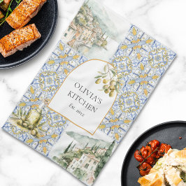 Olive Mediterranean Gult Blue Tile Mönster Kökshandduk