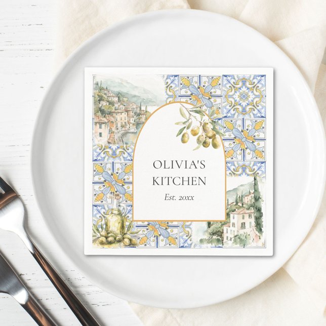 Olive Mediterranean Gult Blue Tile Mönster Pappersservett (In situ)