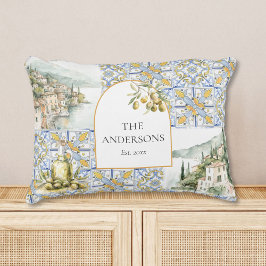 Olive Mediterranean Gult Blue Tile Mönster Prydnadskudde