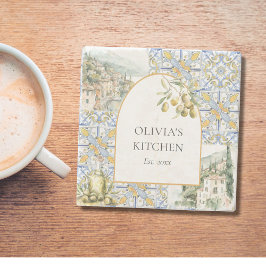 Olive Mediterranean Gult Blue Tile Mönster Stenunderlägg