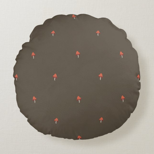 Olive Minimal Mushroom Woodland Pillow - Round Rund Kudde (Framsidan)