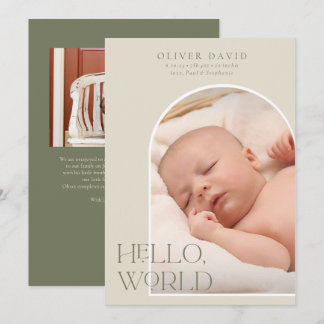 Olive Neutralt Arch Photo Baby Birth Notice Inbjudningar