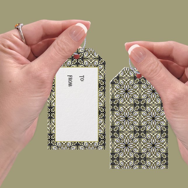 Olive och Black Filigree Patterned Presentetikett (Skapare uppladdad)
