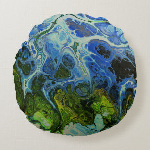 Olive och Ice Blue Faux Marble Round Pillow Rund Kudde