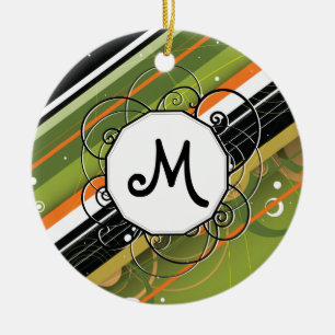 Olive & Orange Modern Retro Rand med Monogram Julgransprydnad Keramik