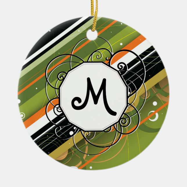 Olive & Orange Modern Retro Rand med Monogram Julgransprydnad Keramik (Framsidan)