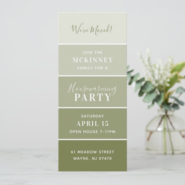 Olive Paint Swatch Card Houseuppvärmning Party Inb Inbjudningar (Stående Fram)